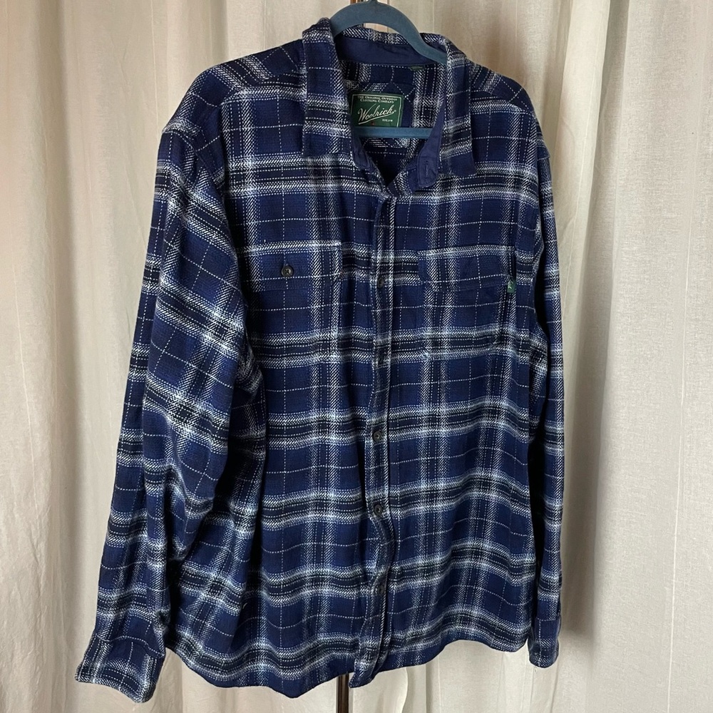 Vintage Woolrich Thick Plaid Flannel Shirt Shacket Blue Men’s XXL Side Pockets